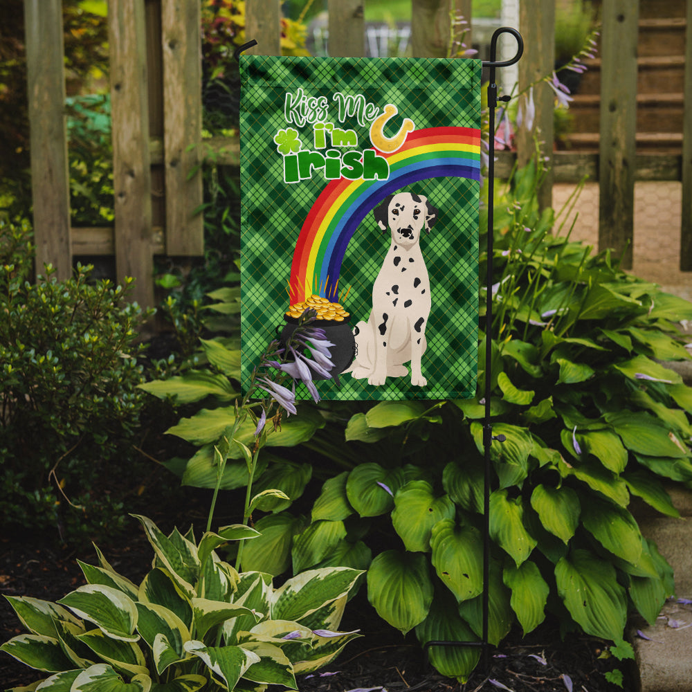 Dalmatian St. Patrick's Garden Flag – "Kiss Me I’m Irish" with Pot of Gold & Rainbow