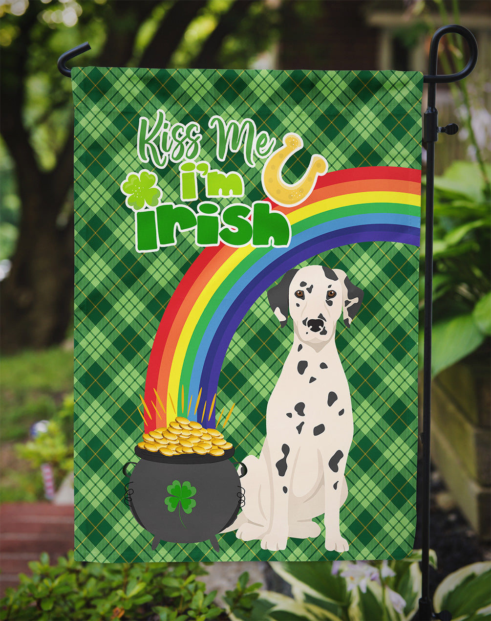 Dalmatian St. Patrick's Garden Flag – "Kiss Me I’m Irish" with Pot of Gold & Rainbow