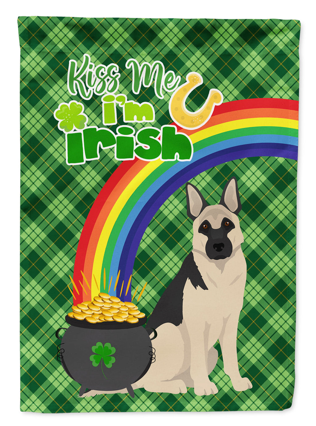 Black and Silver German Shepherd St. Patrick's Garden Flag – "Kiss Me I’m Irish" with Pot of Gold & Rainbow