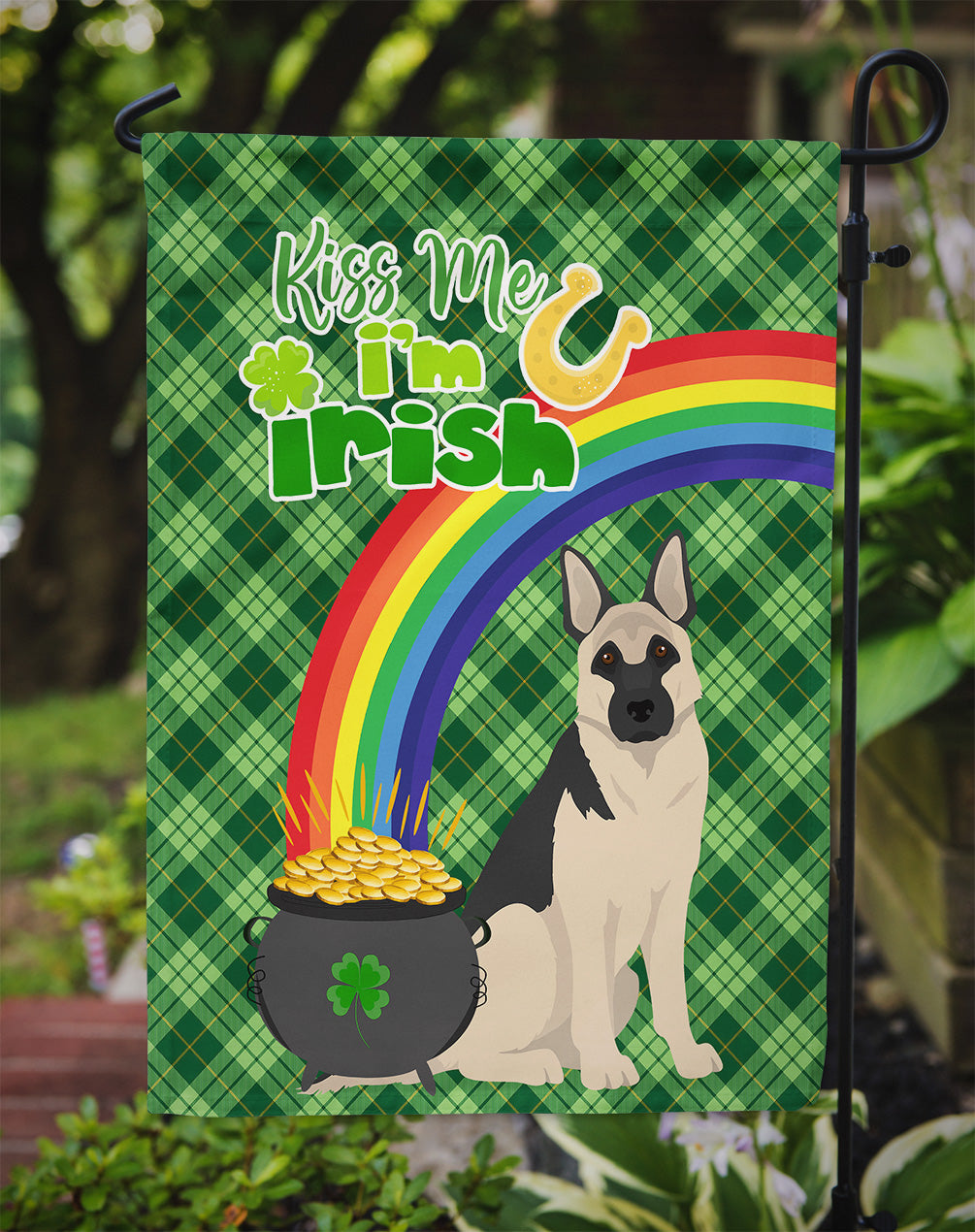 Black and Silver German Shepherd St. Patrick's Garden Flag – "Kiss Me I’m Irish" with Pot of Gold & Rainbow