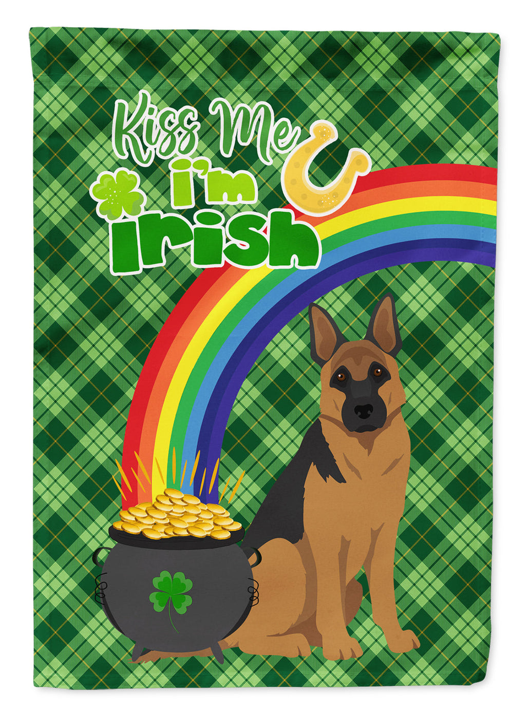 Black and Tan German Shepherd St. Patrick's Garden Flag – "Kiss Me I’m Irish" with Pot of Gold & Rainbow