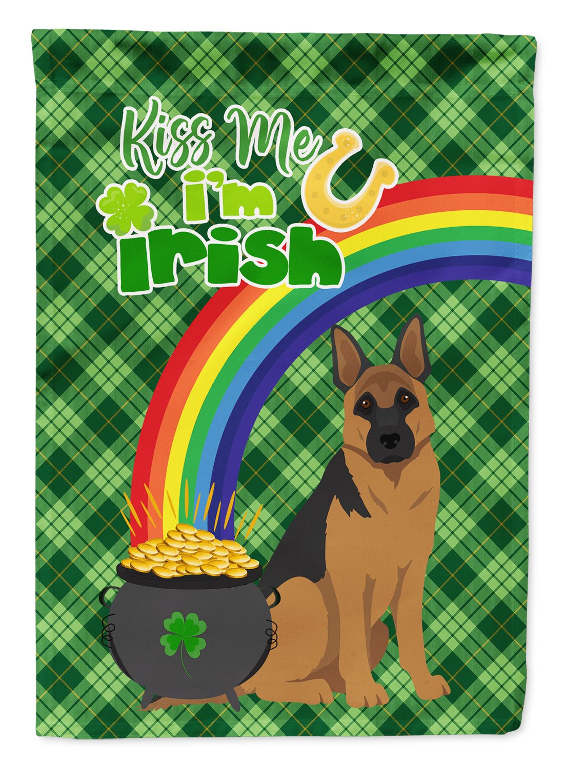 Black and Tan German Shepherd St. Patrick's Garden Flag – "Kiss Me I’m Irish" with Pot of Gold & Rainbow