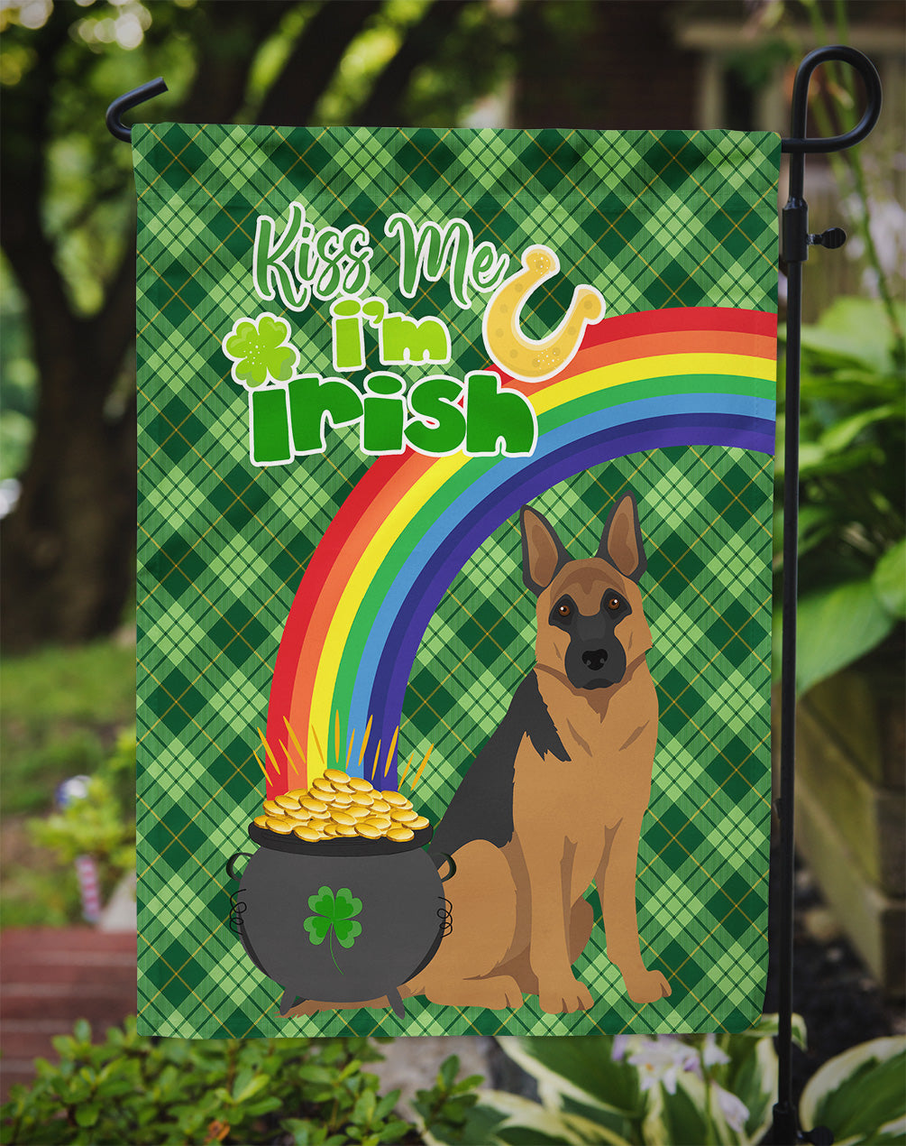 Black and Tan German Shepherd St. Patrick's Garden Flag – "Kiss Me I’m Irish" with Pot of Gold & Rainbow