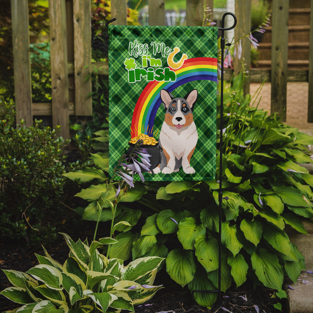 Blue Merle Cardigan Corgi St. Patrick's Garden Flag – "Kiss Me I’m Irish" with Pot of Gold & Rainbow