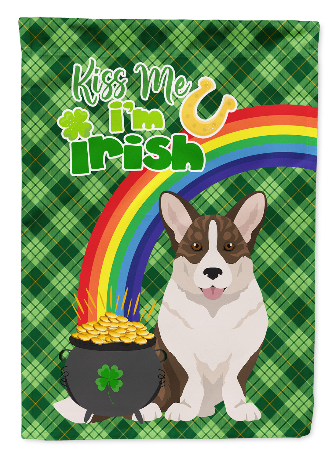 Brindle Cardigan Corgi St. Patrick's Garden Flag – "Kiss Me I’m Irish" with Pot of Gold & Rainbow