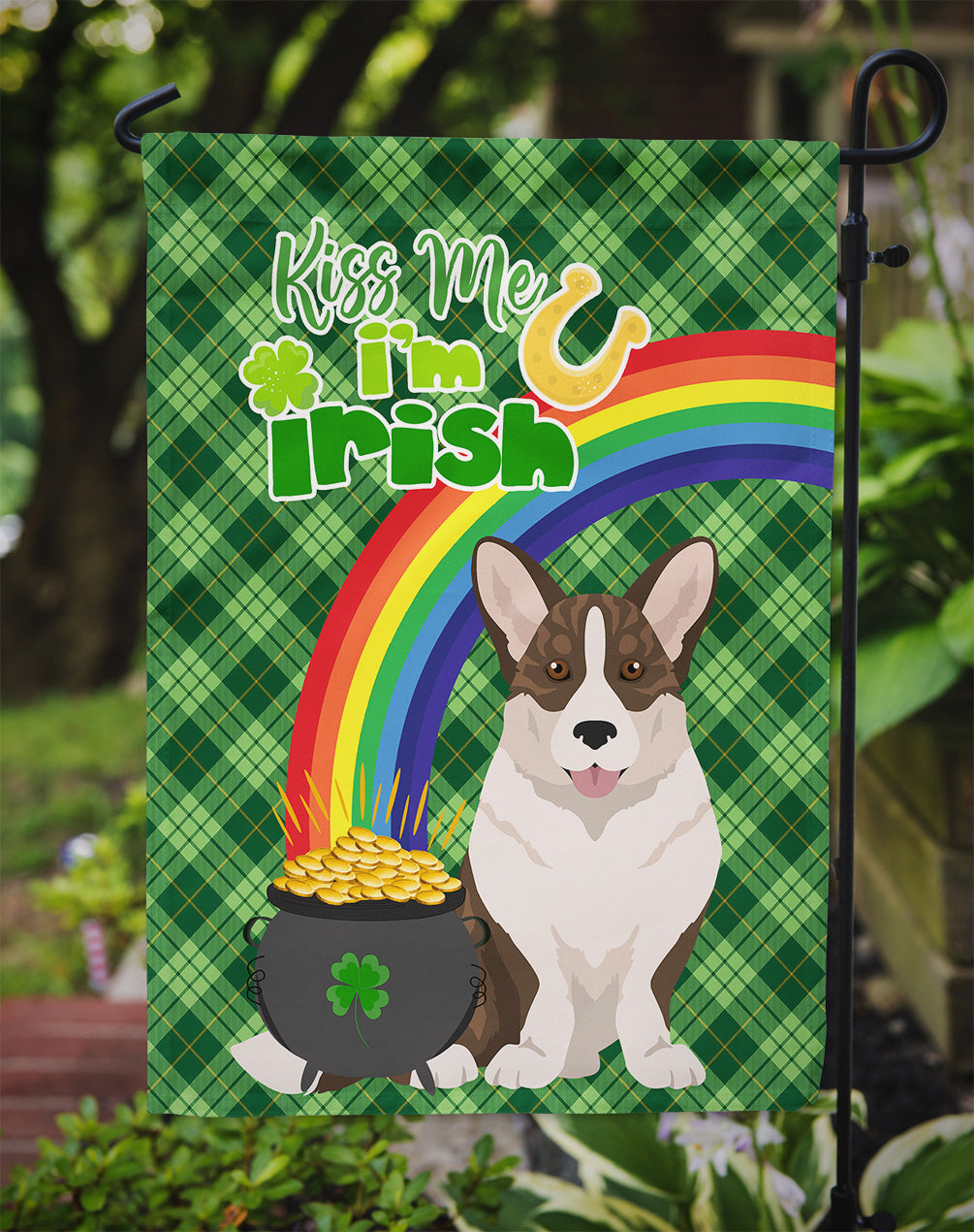Brindle Cardigan Corgi St. Patrick's Garden Flag – "Kiss Me I’m Irish" with Pot of Gold & Rainbow