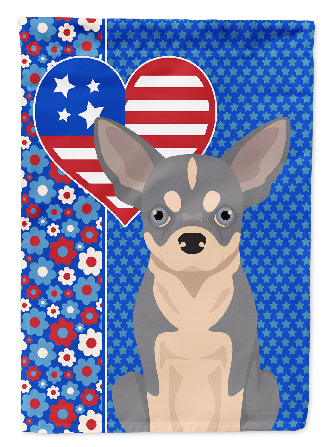 Blue and White Chihuahua Patriotic Heart Garden Flag – Red, White & Blue Dog Decor with Star Background