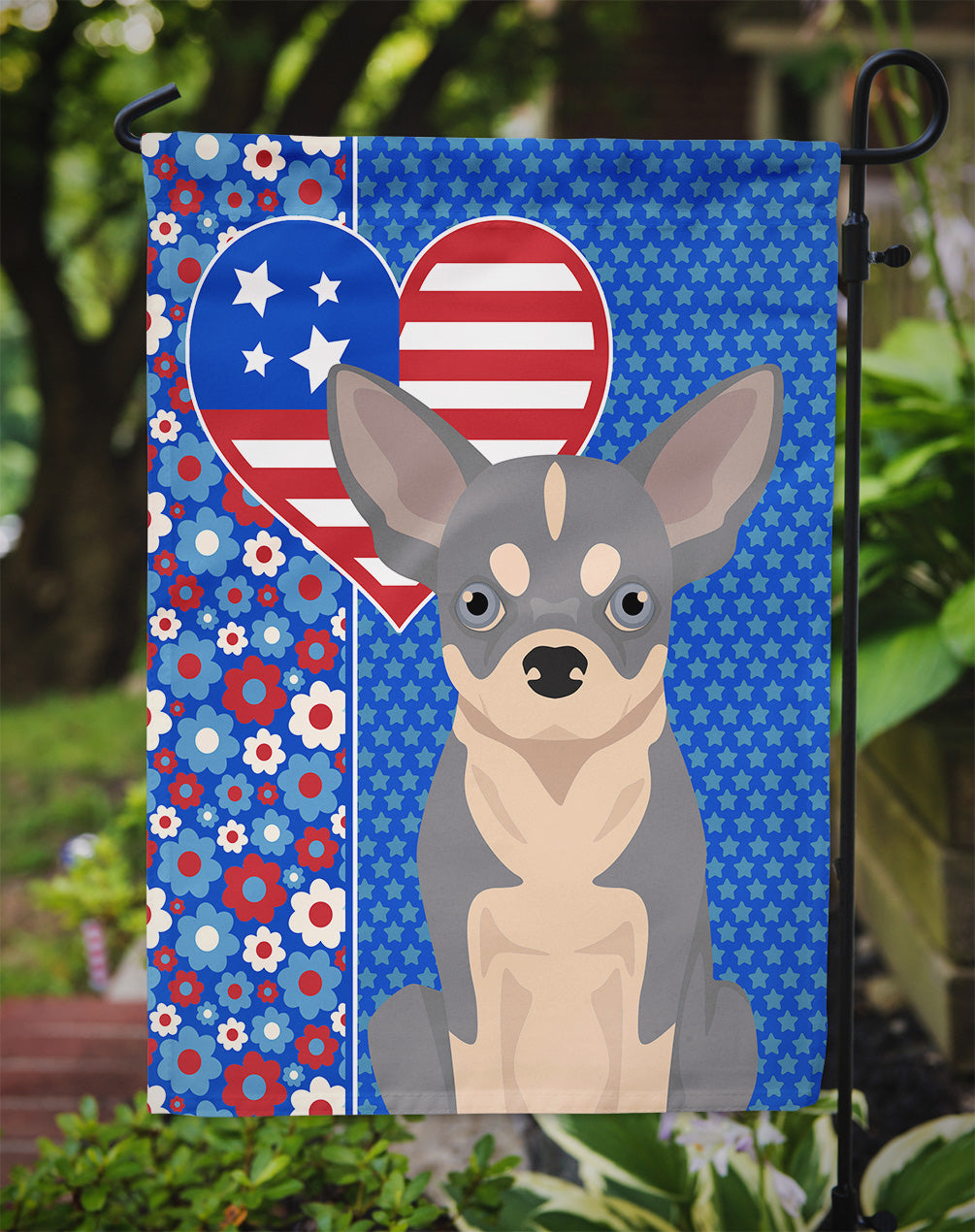 Blue and White Chihuahua Patriotic Heart Garden Flag – Red, White & Blue Dog Decor with Star Background