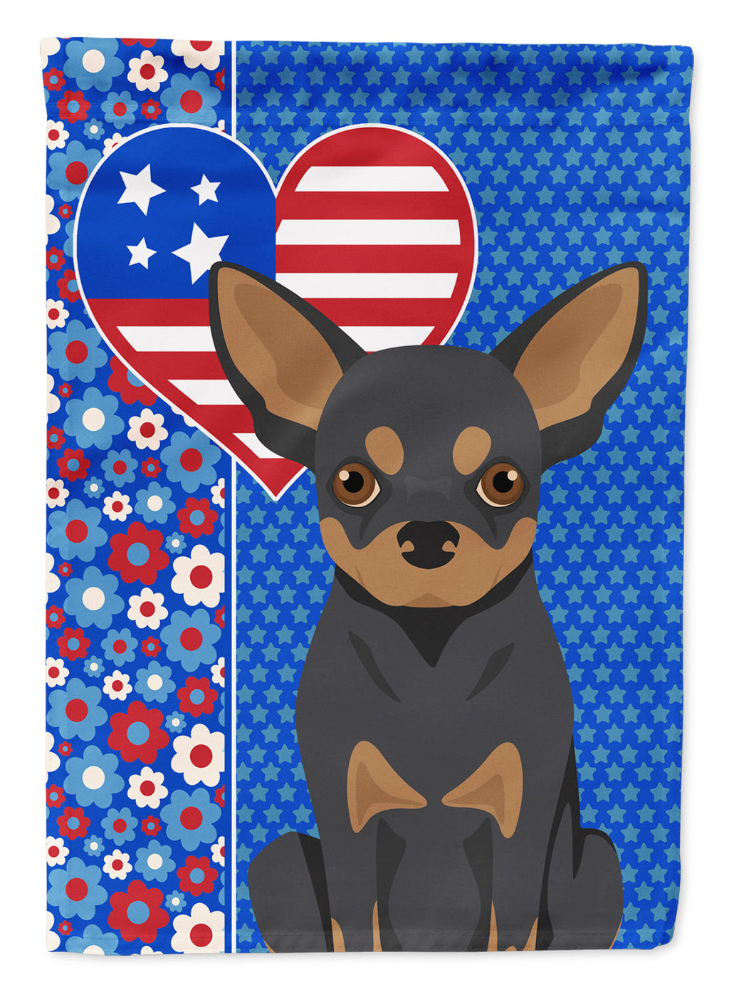 Black and Tan Chihuahua Patriotic Heart Garden Flag – Red, White & Blue Dog Decor with Star Background