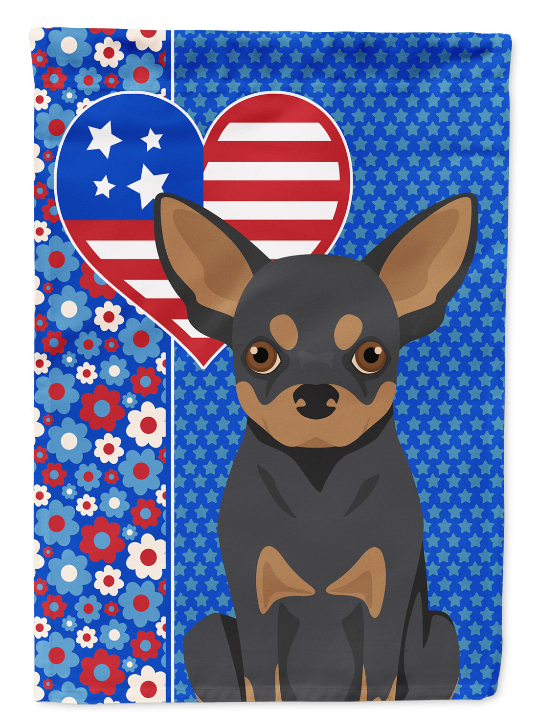 Black and Tan Chihuahua Patriotic Heart Garden Flag – Red, White & Blue Dog Decor with Star Background