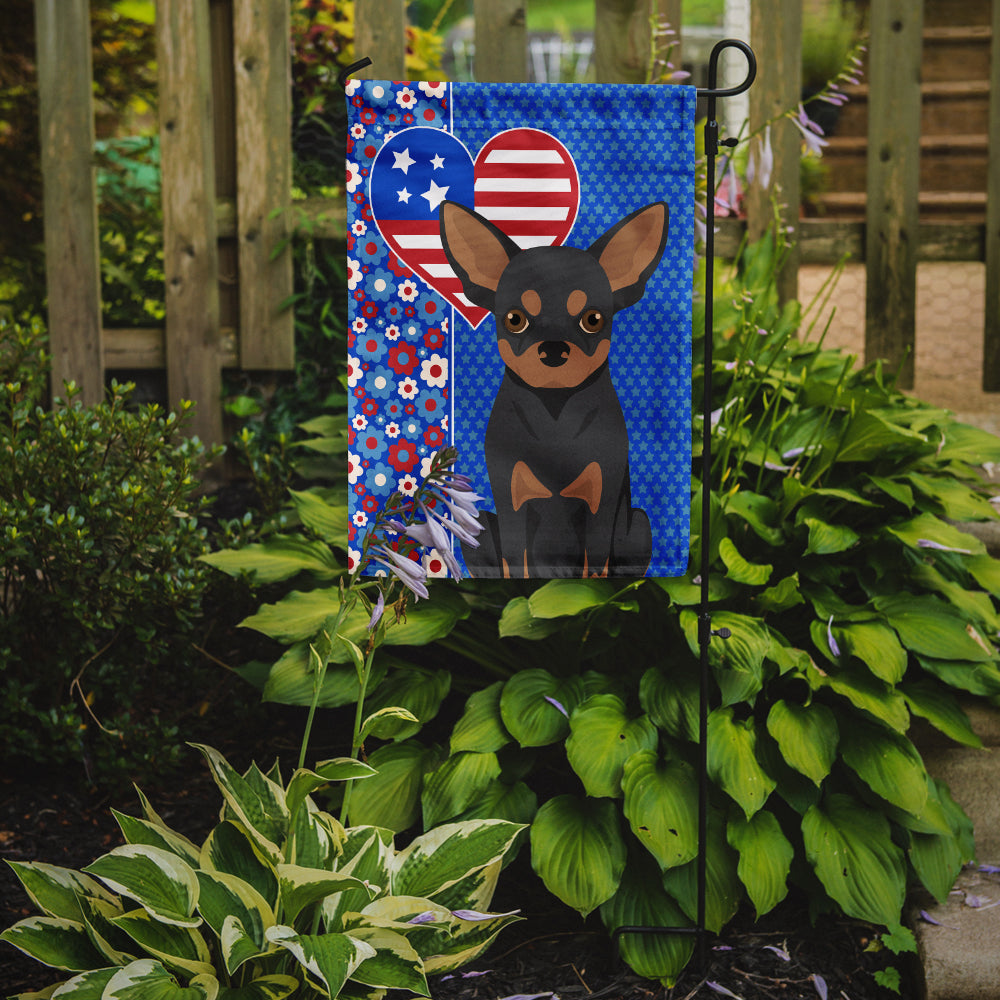 Black and Tan Chihuahua Patriotic Heart Garden Flag – Red, White & Blue Dog Decor with Star Background