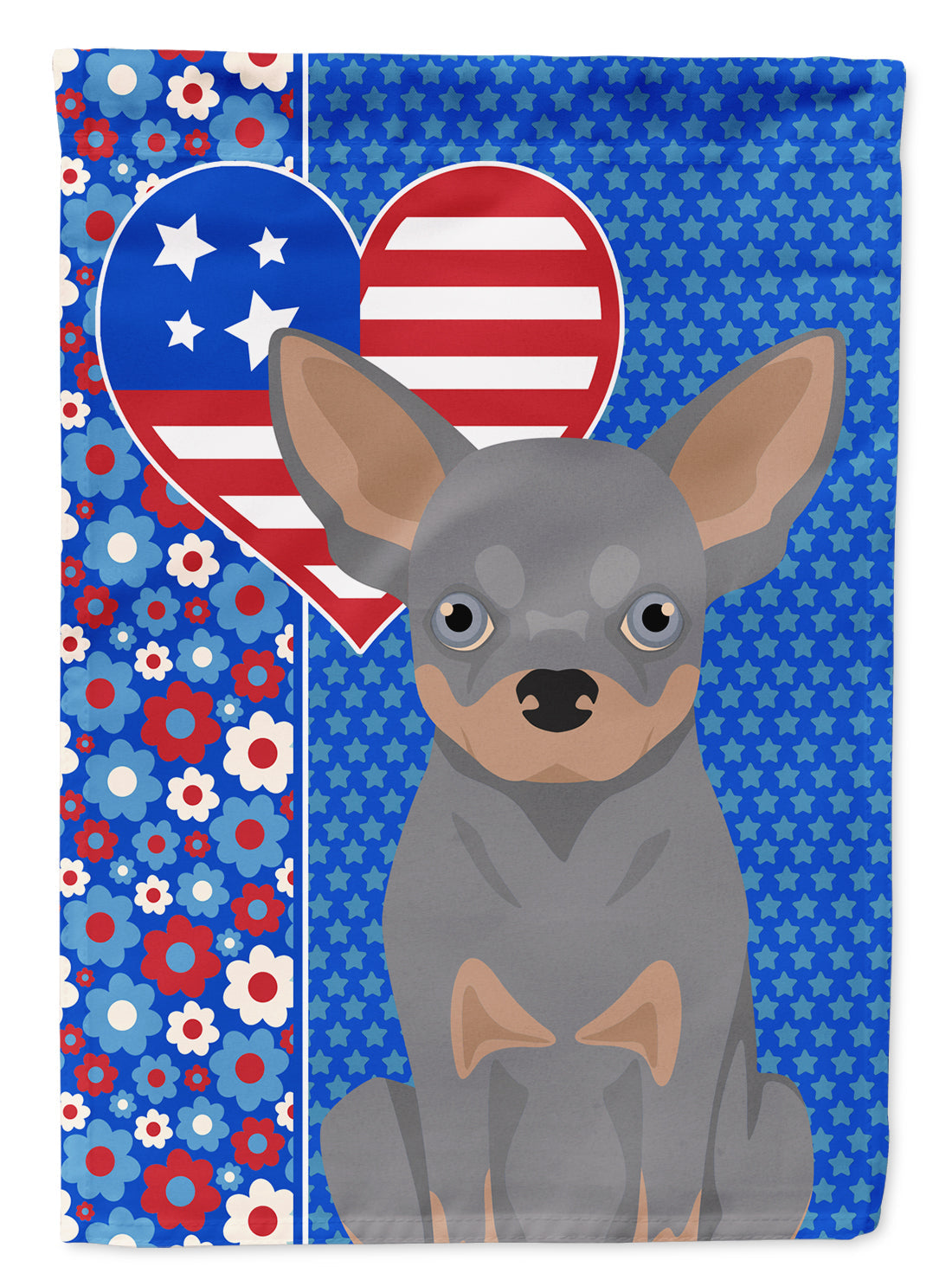 Blue and Tan Chihuahua Patriotic Heart Garden Flag – Red, White & Blue Dog Decor with Star Background