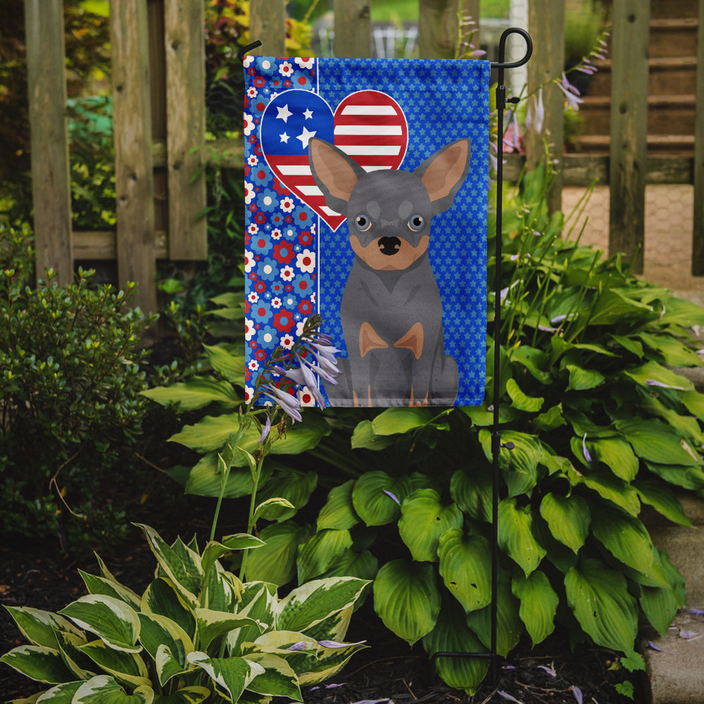 Blue and Tan Chihuahua Patriotic Heart Garden Flag – Red, White & Blue Dog Decor with Star Background