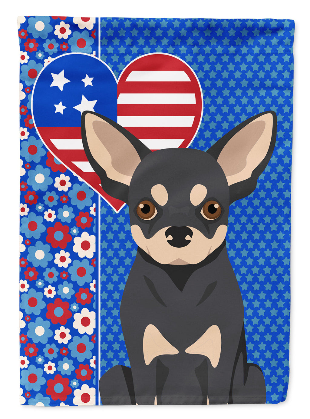 Black and Cream Chihuahua Patriotic Heart Garden Flag – Red, White & Blue Dog Decor with Star Background