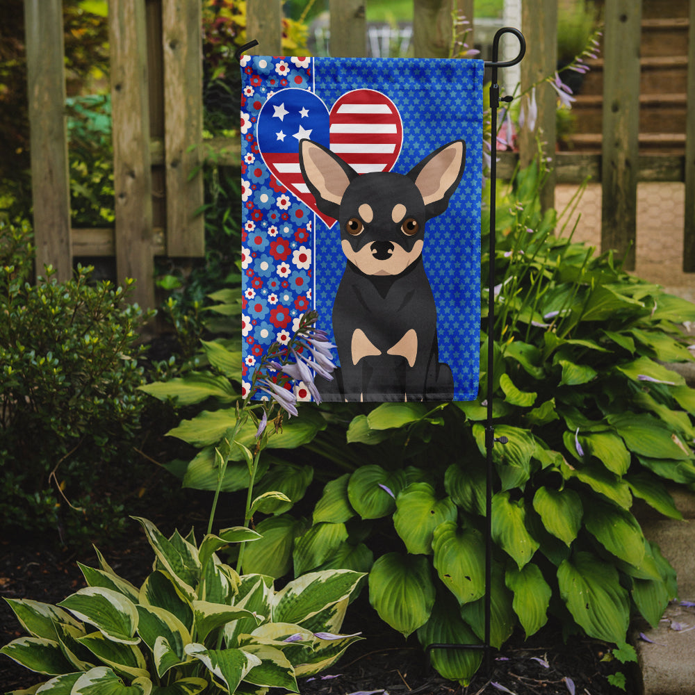 Black and Cream Chihuahua Patriotic Heart Garden Flag – Red, White & Blue Dog Decor with Star Background