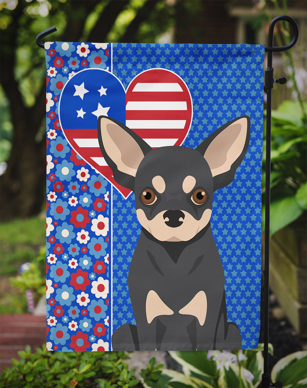 Black and Cream Chihuahua Patriotic Heart Garden Flag – Red, White & Blue Dog Decor with Star Background