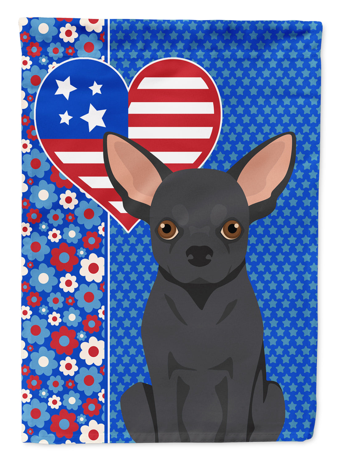 Black Chihuahua Patriotic Heart Garden Flag – Red, White & Blue Dog Decor with Star Background