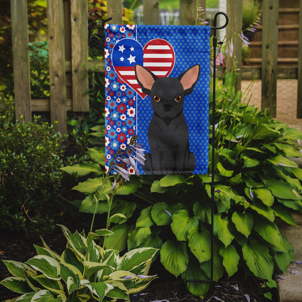 Black Chihuahua Patriotic Heart Garden Flag – Red, White & Blue Dog Decor with Star Background