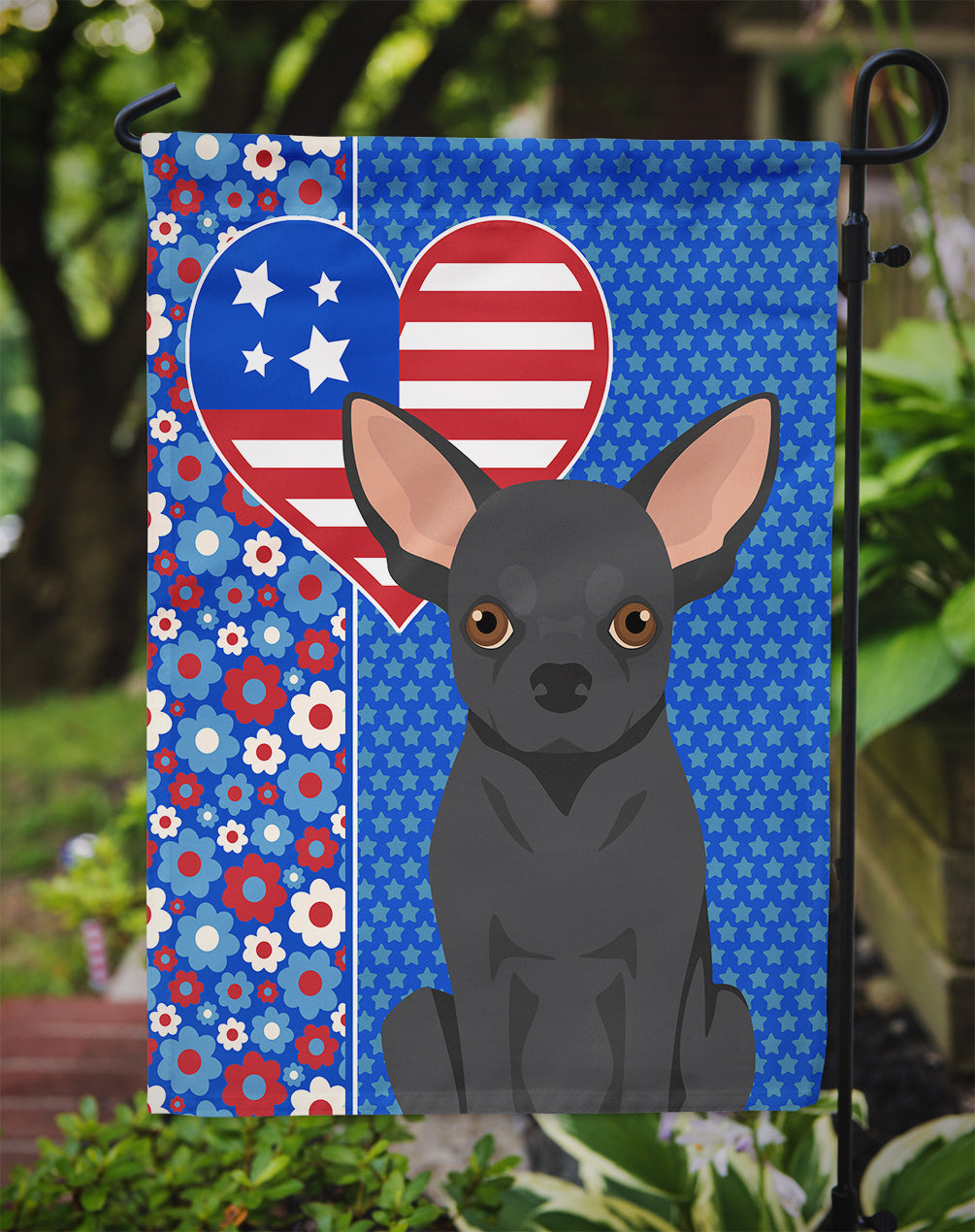 Black Chihuahua Patriotic Heart Garden Flag – Red, White & Blue Dog Decor with Star Background