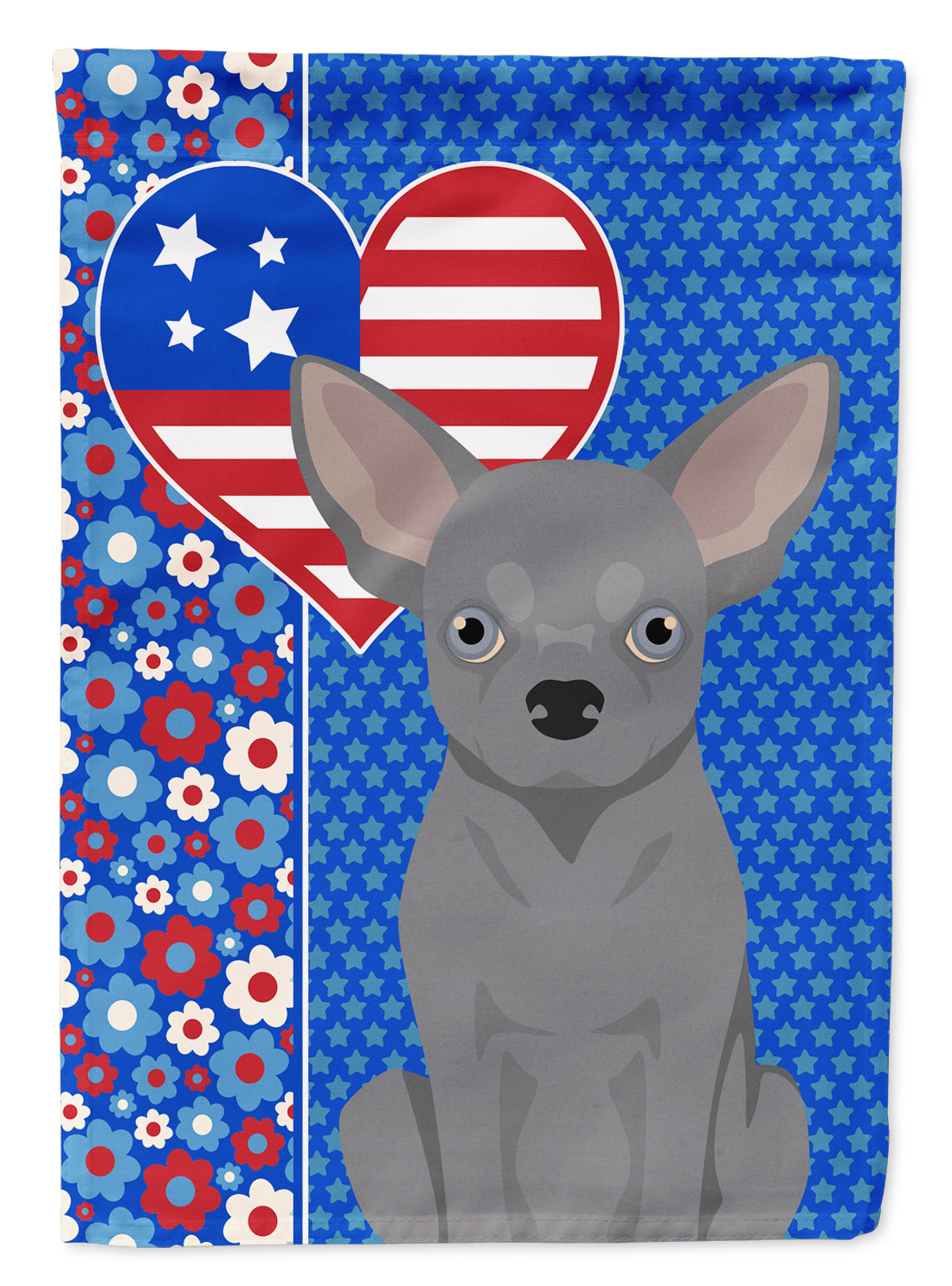 Blue Chihuahua Patriotic Heart Garden Flag – Red, White & Blue Dog Decor with Star Background