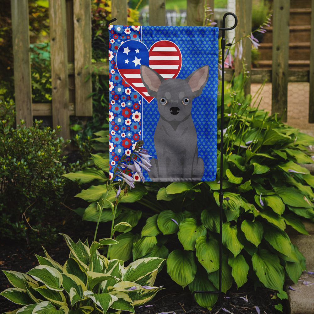 Blue Chihuahua Patriotic Heart Garden Flag – Red, White & Blue Dog Decor with Star Background