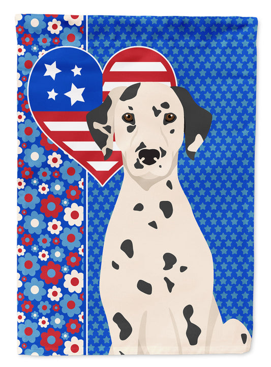 Dalmatian Patriotic Heart Garden Flag – Red, White & Blue Dog Decor with Star Background
