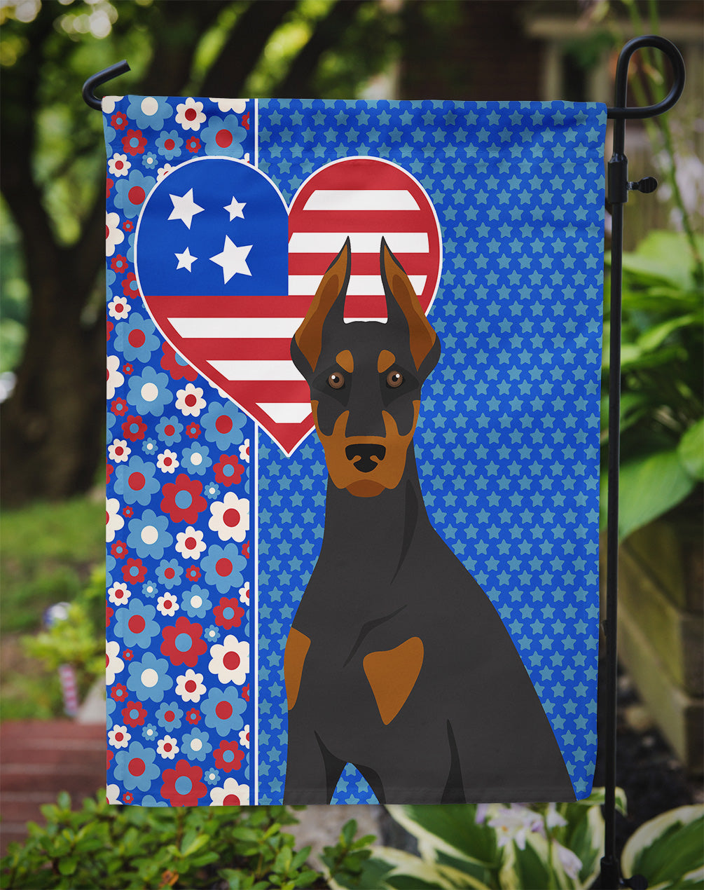 Black and Tan Doberman Pinscher USA American Flag Garden Size