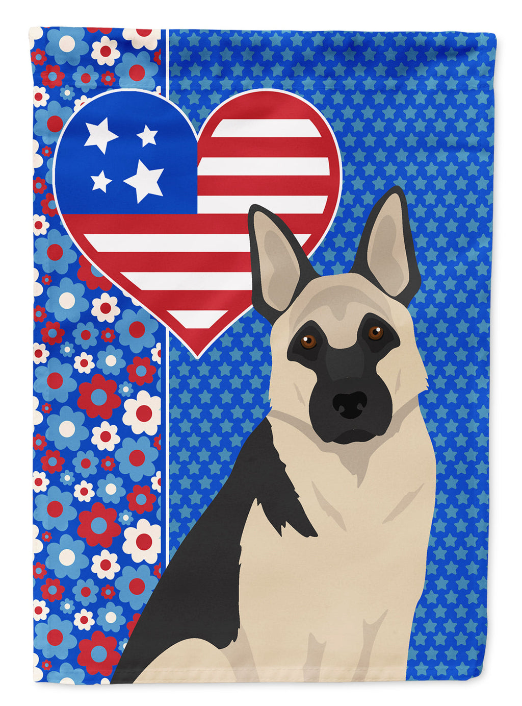 Black and Silver German Shepherd Patriotic Heart Garden Flag – Red, White & Blue Dog Decor with Star Background