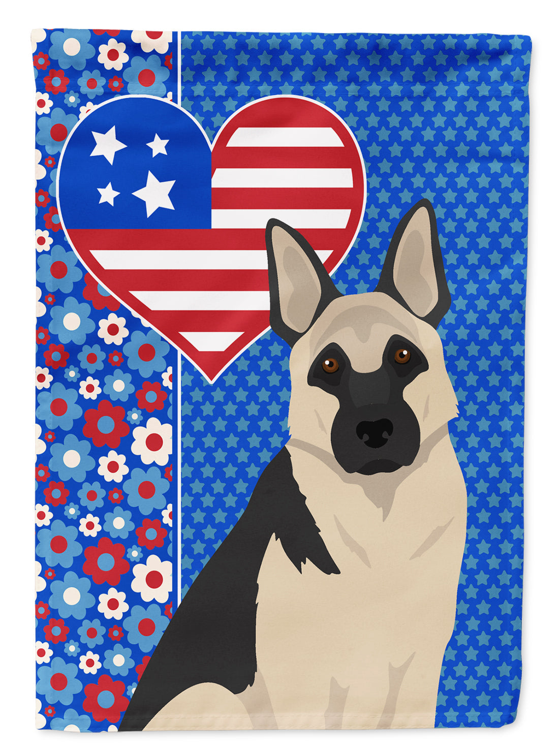 Black and Silver German Shepherd Patriotic Heart Garden Flag – Red, White & Blue Dog Decor with Star Background