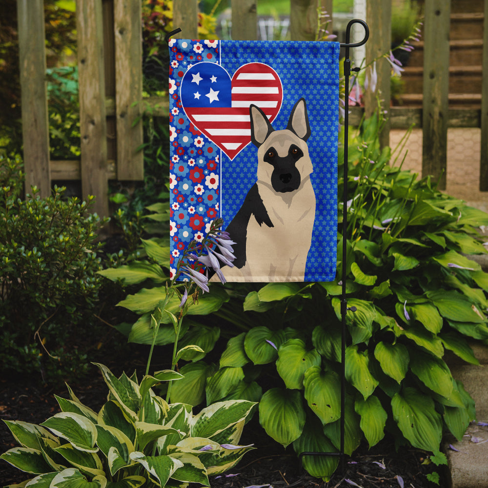 Black and Silver German Shepherd Patriotic Heart Garden Flag – Red, White & Blue Dog Decor with Star Background