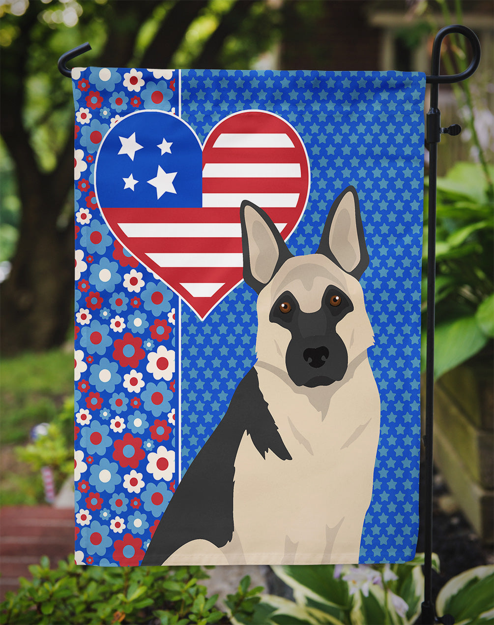Black and Silver German Shepherd Patriotic Heart Garden Flag – Red, White & Blue Dog Decor with Star Background
