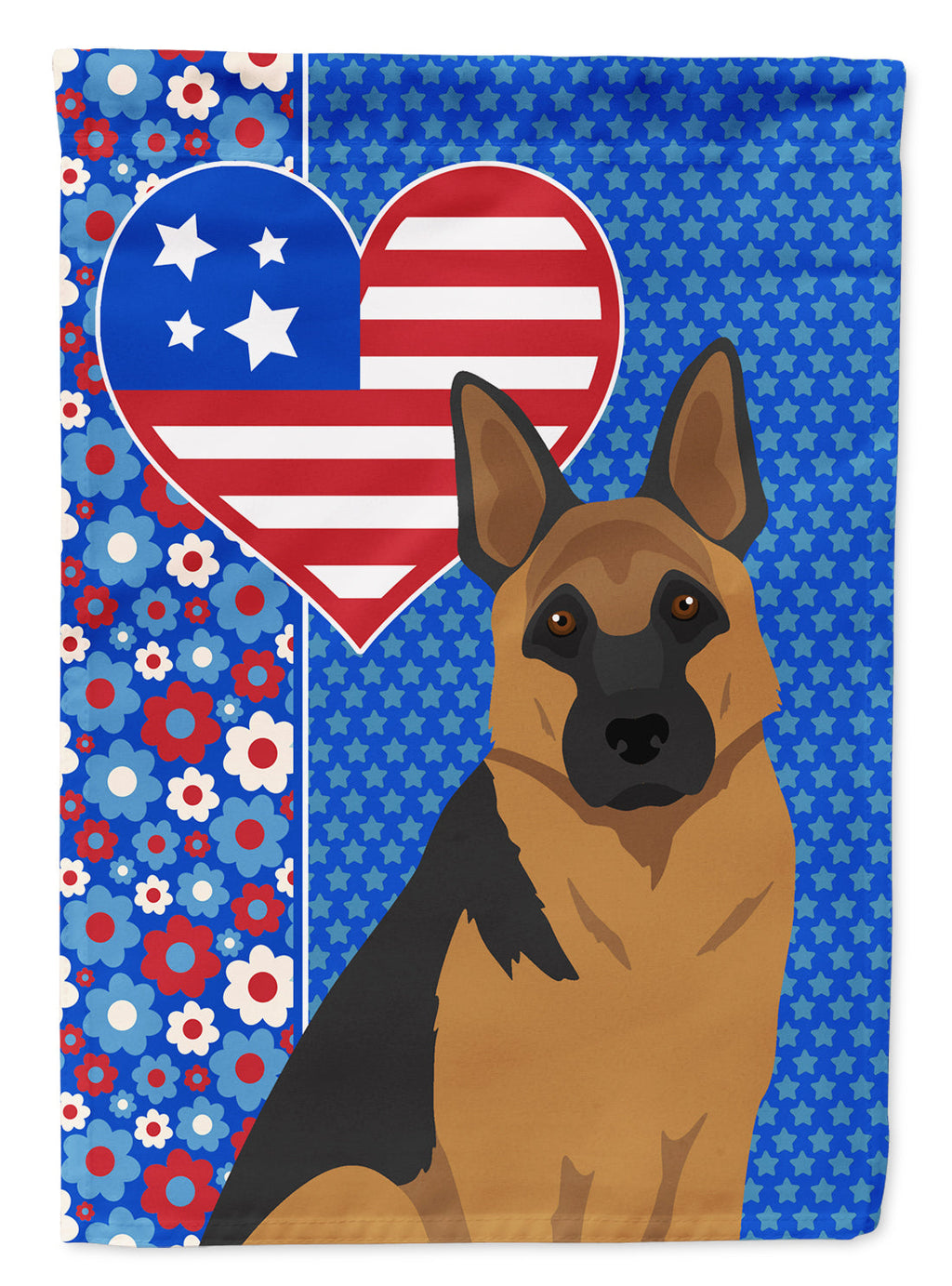 Black and Tan German Shepherd Patriotic Heart Garden Flag – Red, White & Blue Dog Decor with Star Background
