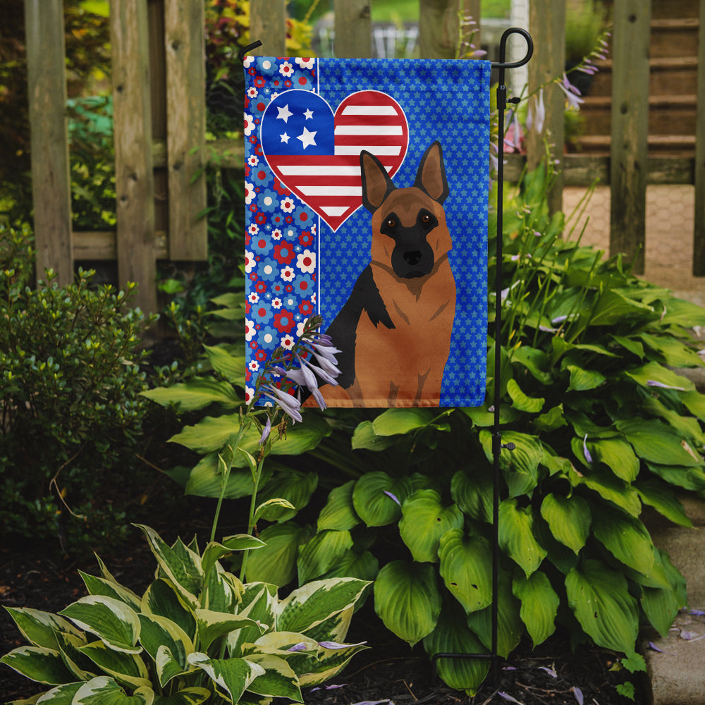 Black and Tan German Shepherd Patriotic Heart Garden Flag – Red, White & Blue Dog Decor with Star Background