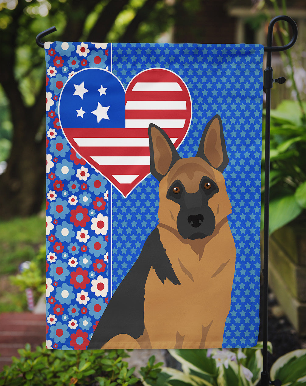 Black and Tan German Shepherd Patriotic Heart Garden Flag – Red, White & Blue Dog Decor with Star Background