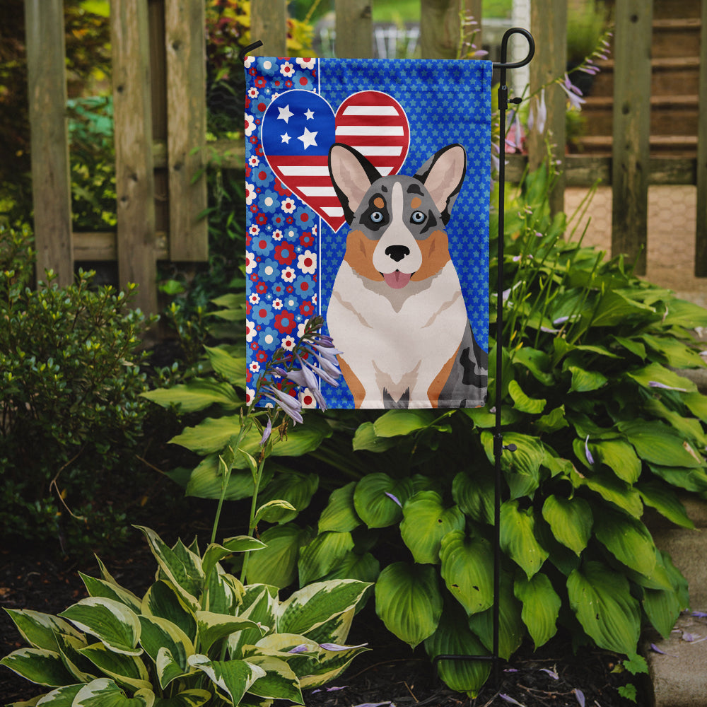 Blue Merle Cardigan Corgi Patriotic Heart Garden Flag – Red, White & Blue Dog Decor with Star Background