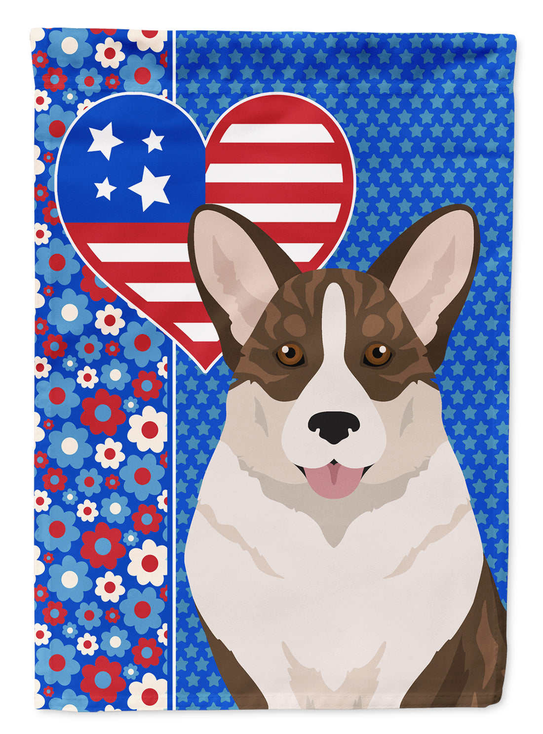 Brindle Cardigan Corgi Patriotic Heart Garden Flag – Red, White & Blue Dog Decor with Star Background