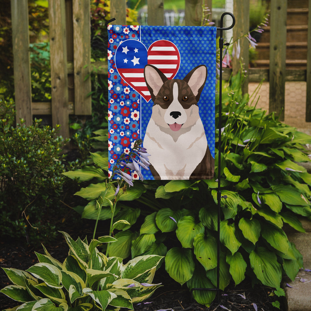 Brindle Cardigan Corgi Patriotic Heart Garden Flag – Red, White & Blue Dog Decor with Star Background