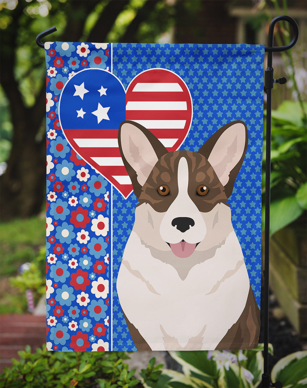 Brindle Cardigan Corgi Patriotic Heart Garden Flag – Red, White & Blue Dog Decor with Star Background