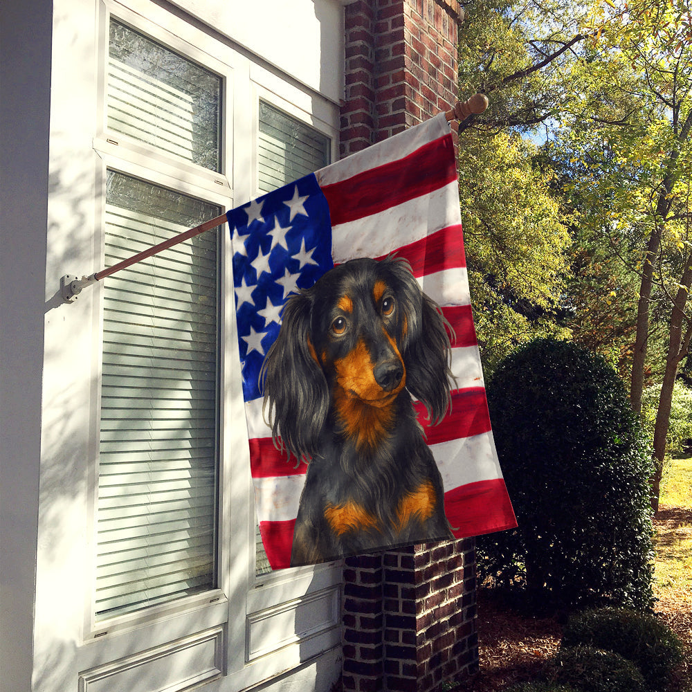 Longhaired Black and Tan Dachshund American Flag House Flag