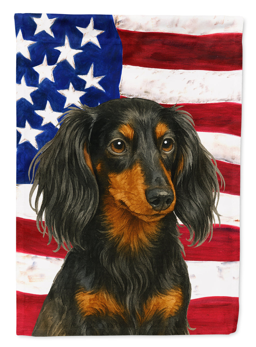 Longhaired Black and Tan Dachshund American Flag Garden Flag