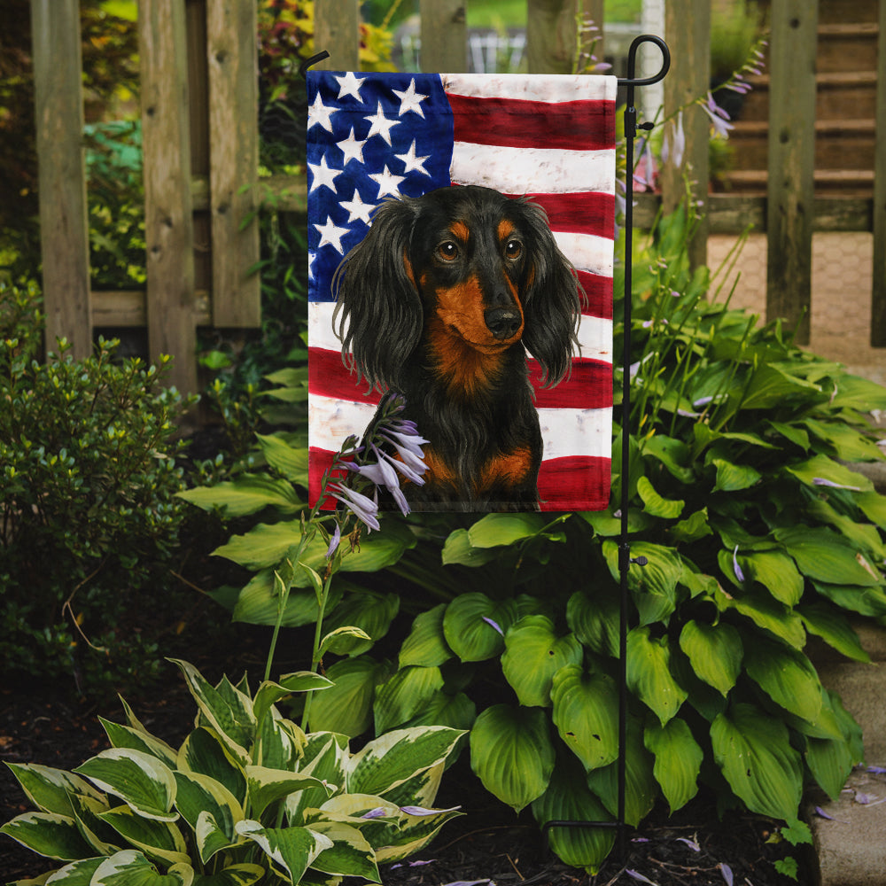 Longhaired Black and Tan Dachshund American Flag Garden Flag
