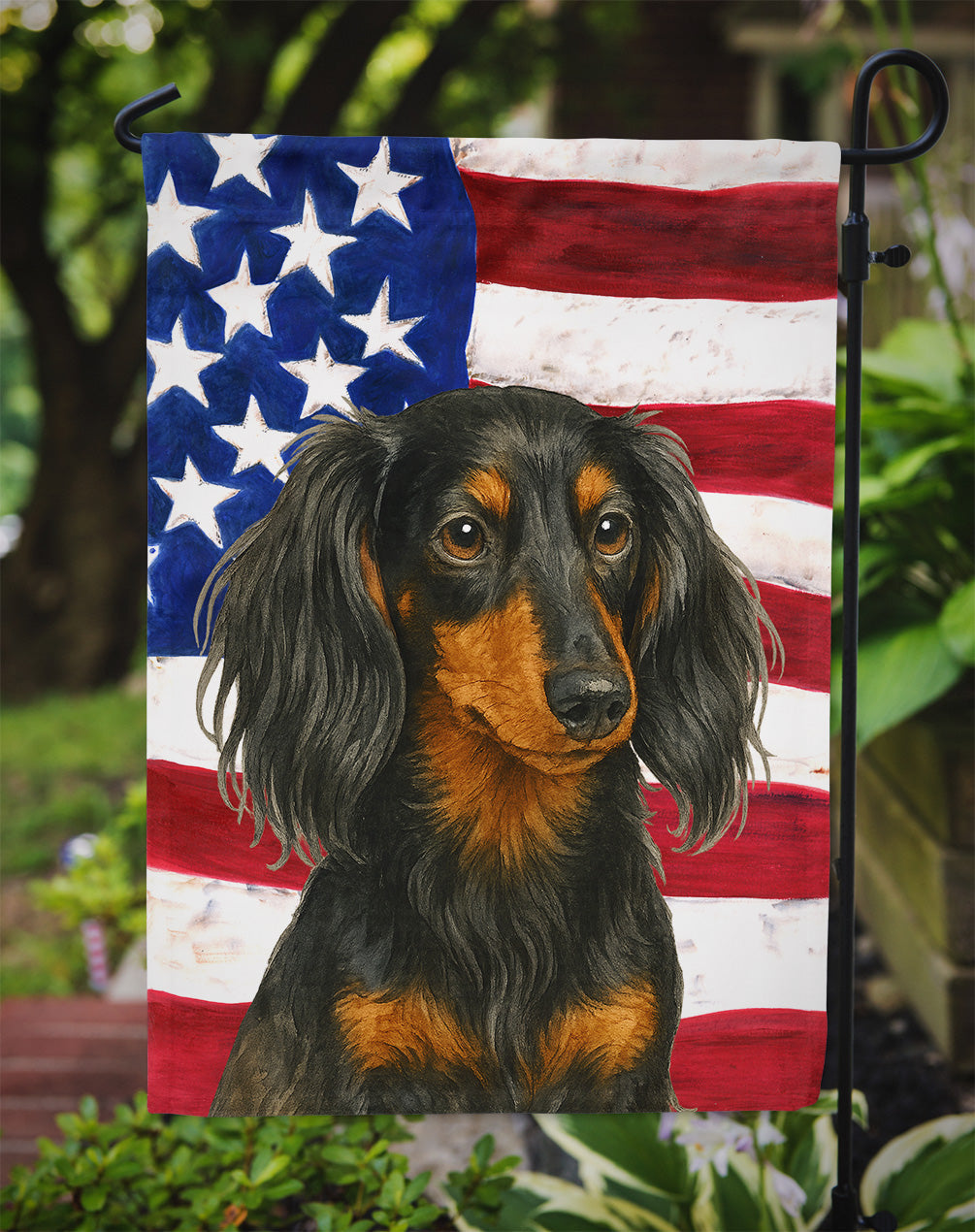 Longhaired Black and Tan Dachshund American Flag Garden Flag