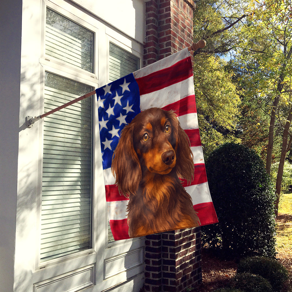 Longhaired Chocolate and Tan Dachshund American Flag House Flag