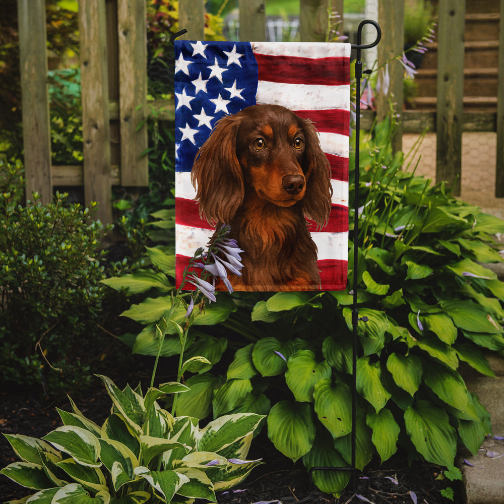Longhaired Chocolate and Tan Dachshund American Flag Garden Flag