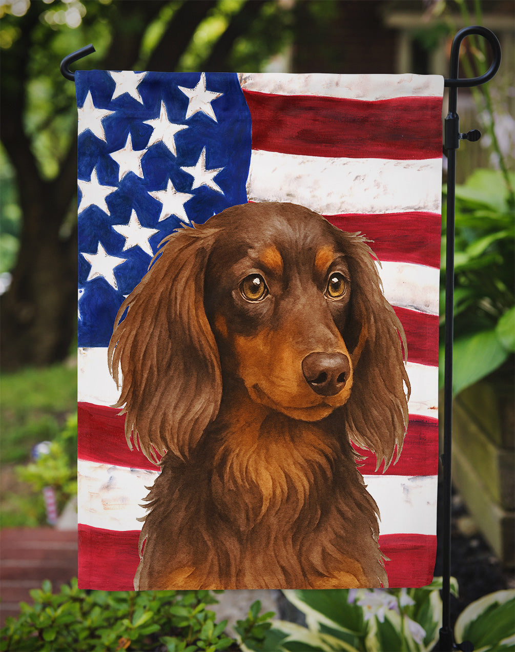 Longhaired Chocolate and Tan Dachshund American Flag Garden Flag