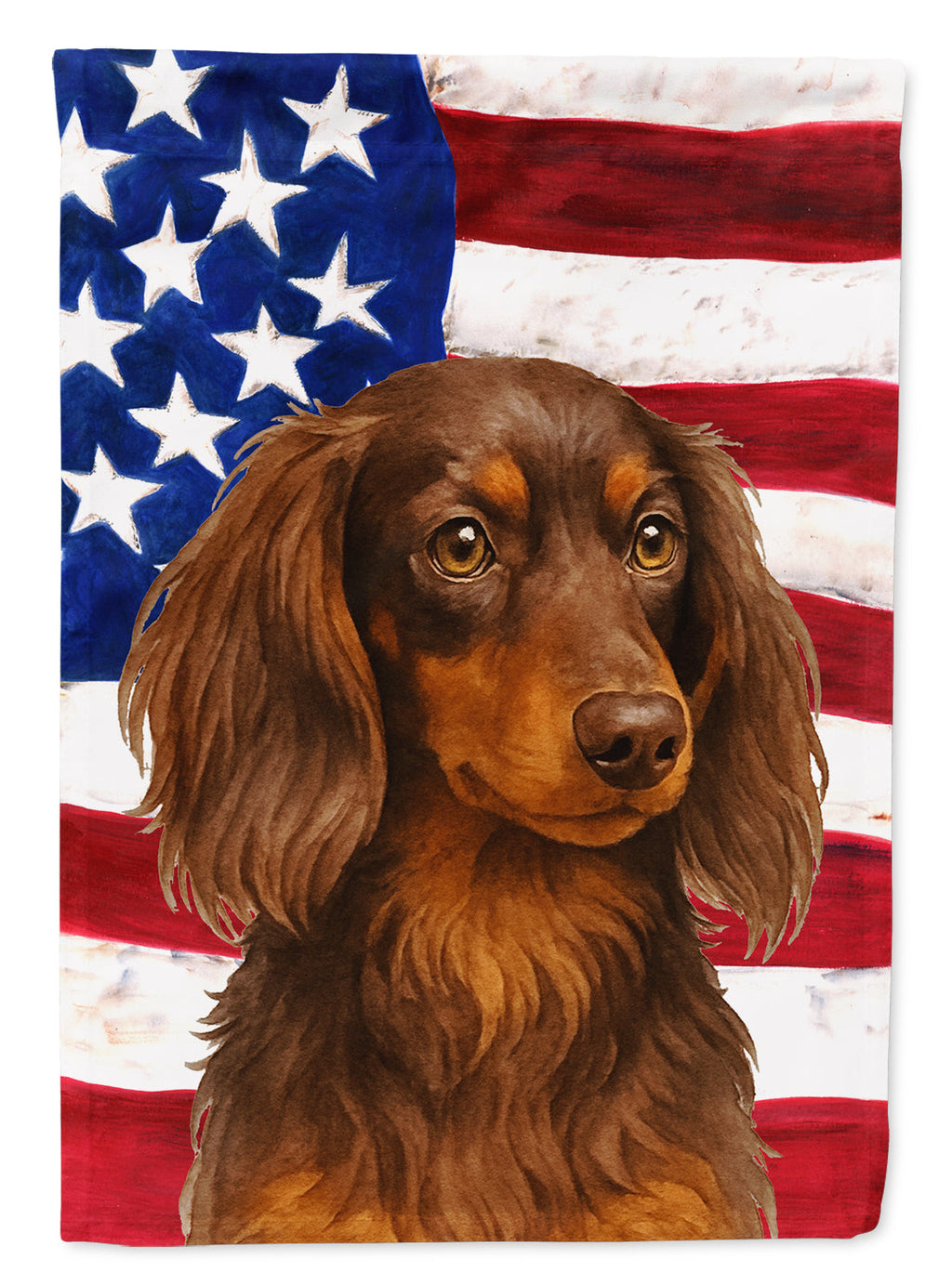 Longhaired Chocolate and Tan Dachshund American Flag Garden Flag