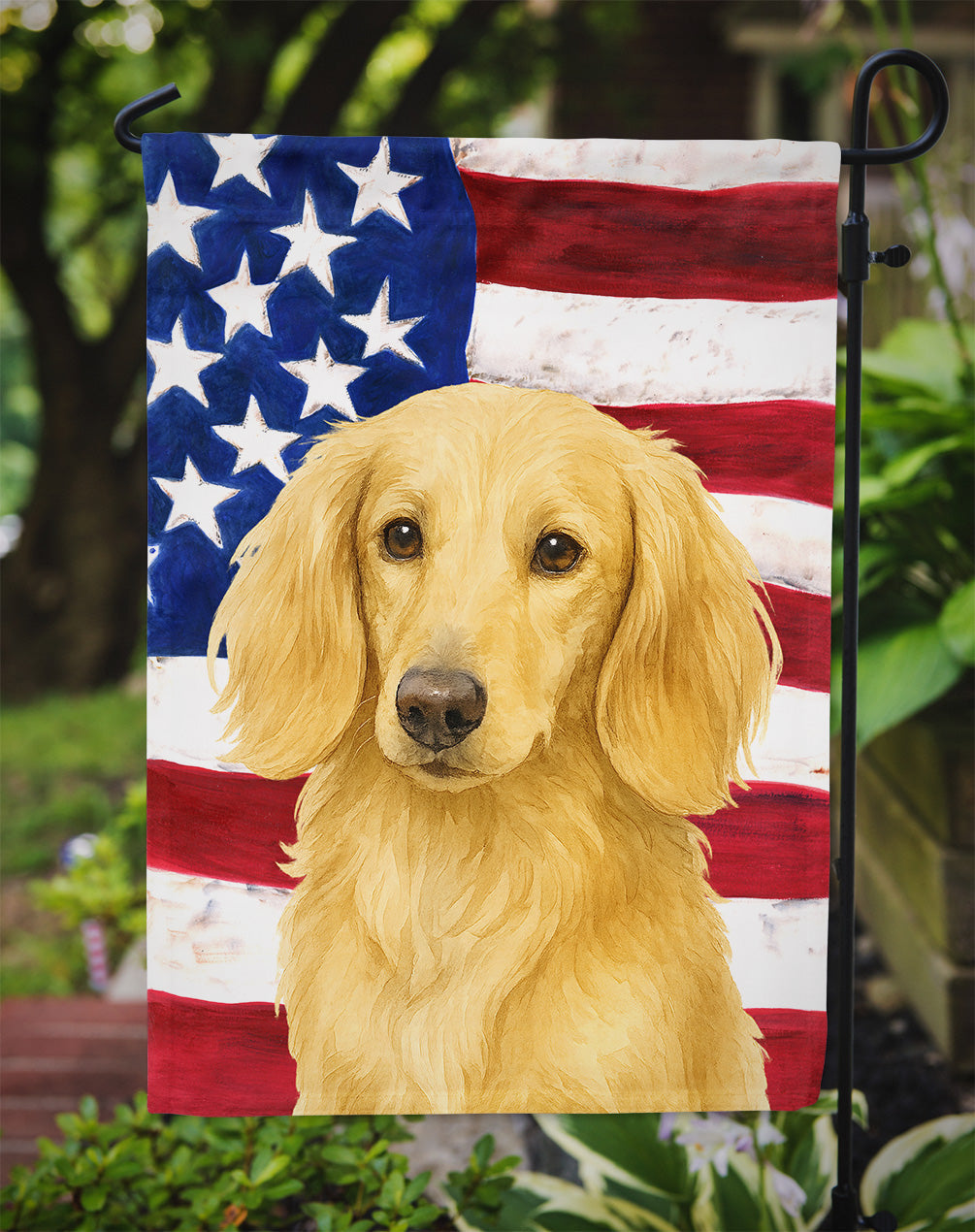 Longhaired Cream Dachshund American Flag Garden Flag