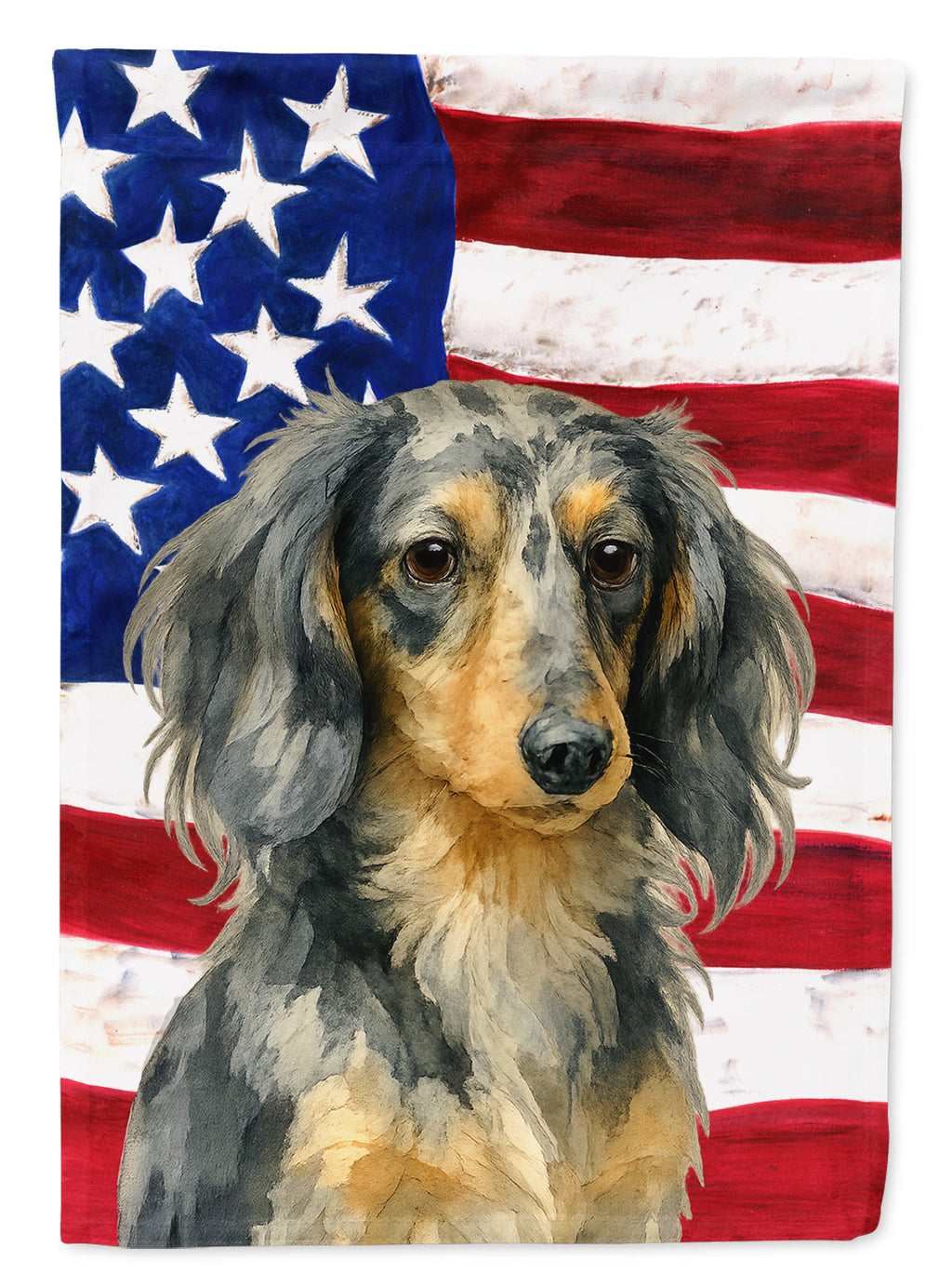 Longhaired Dapple Dachshund American Flag House Flag