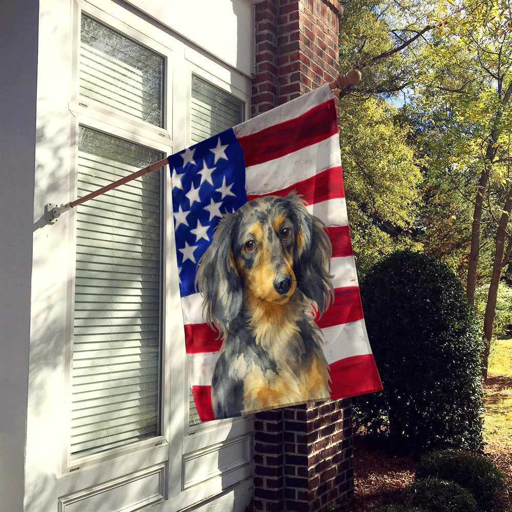 Longhaired Dapple Dachshund American Flag House Flag