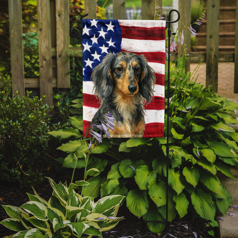 Longhaired Dapple Dachshund American Flag Garden Flag